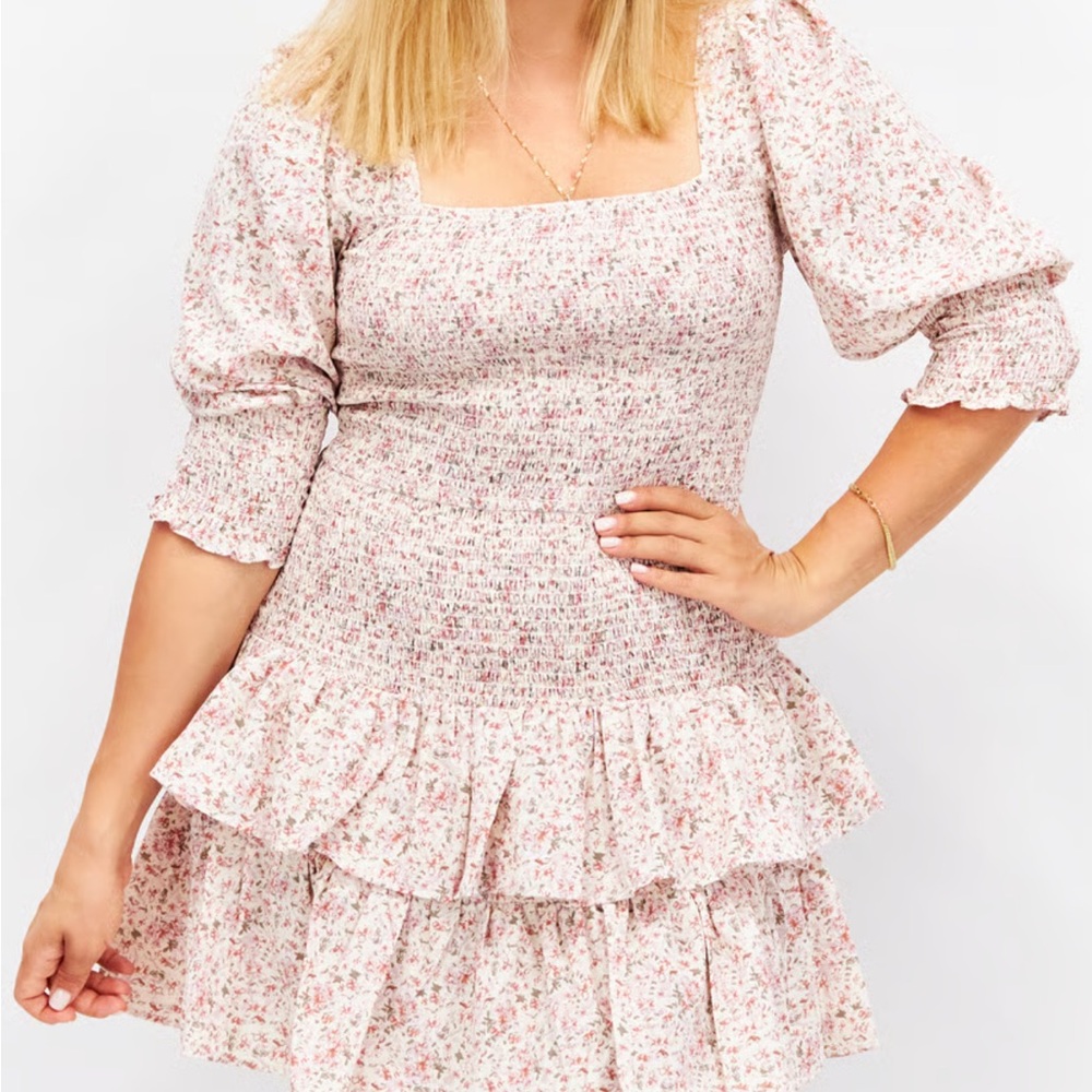 Grade & Gather Pink Smocked Puff Sleeve Mini Dress